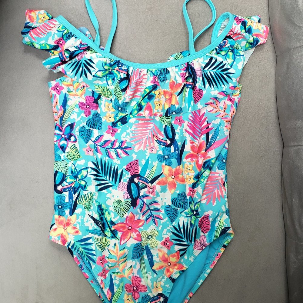 Wonder Nation Girls One Piece Swim Suit   Tropical Blue  Size L 10/12